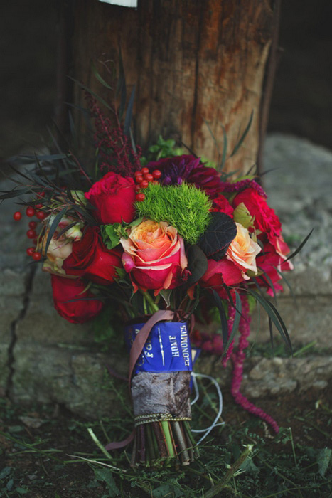 red, orange and green wedding bouquet