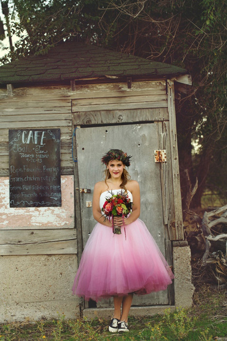 bride in pink ombre wedding dress