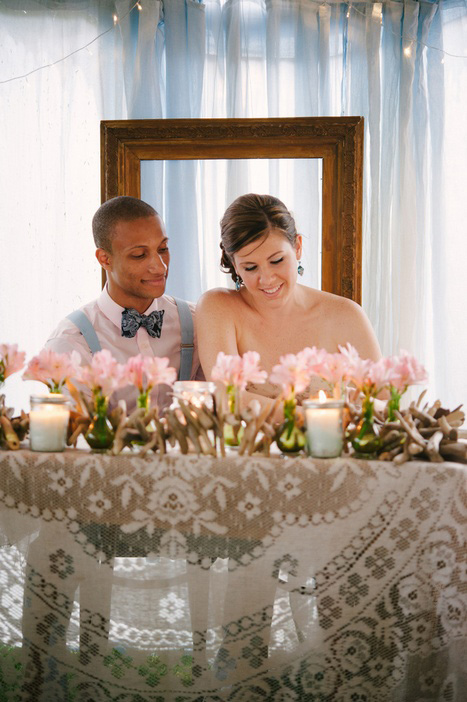 bride and groom at sweetheart table