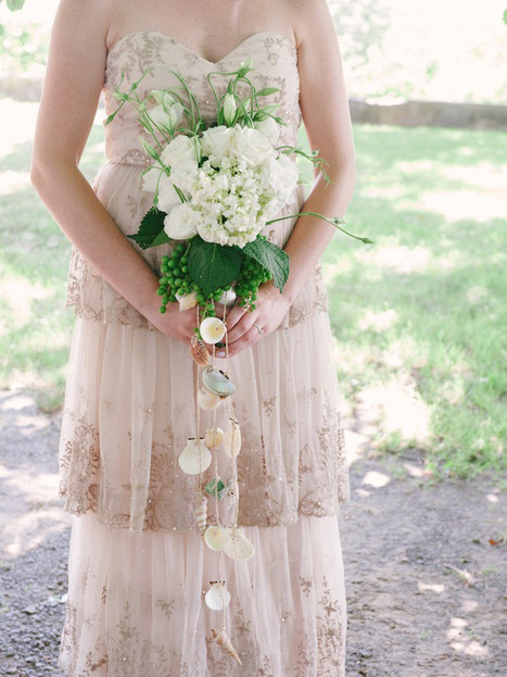 bridal bouquet with hanging seashells 