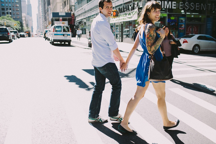 bride and groom crossing New York street