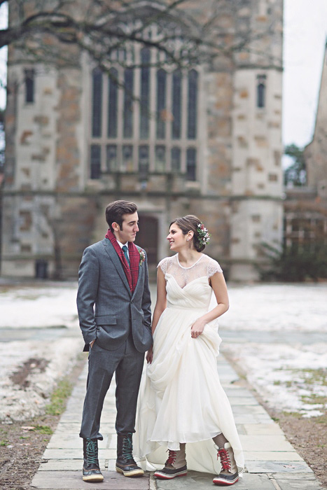 bride and groom in winter boots