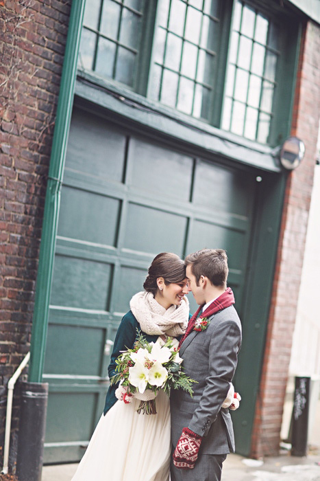 city winter wedding portrait