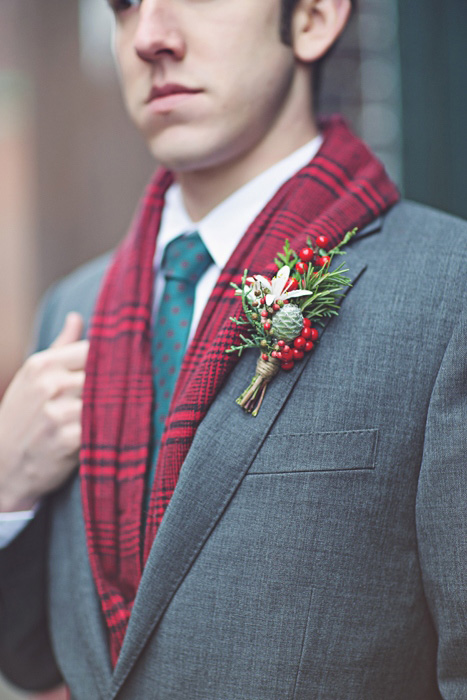 winter groom in red scarf