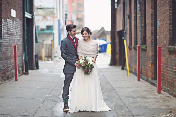 bride and groom portrait outdoors in winter