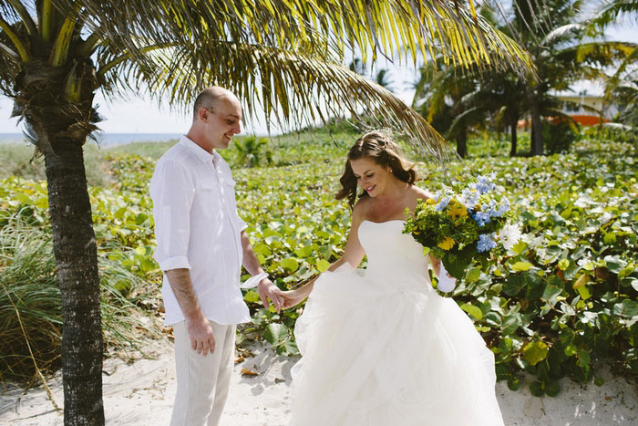 bride and groom first look session