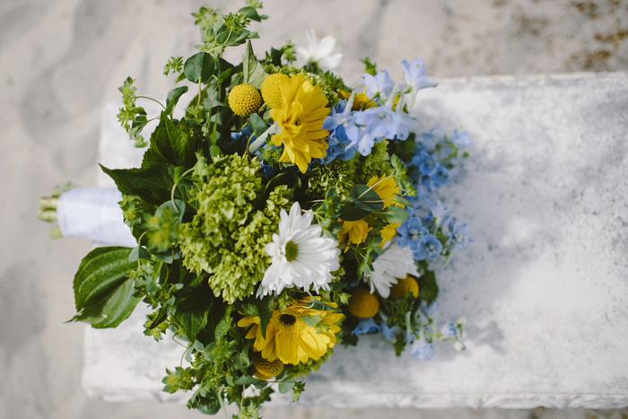 yellow, white, and blue wedding bouquet