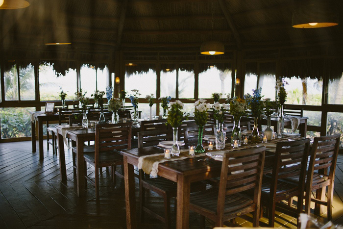 wedding reception space set up for dinner