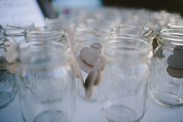 mason jar drinking cups with wooden heart tags