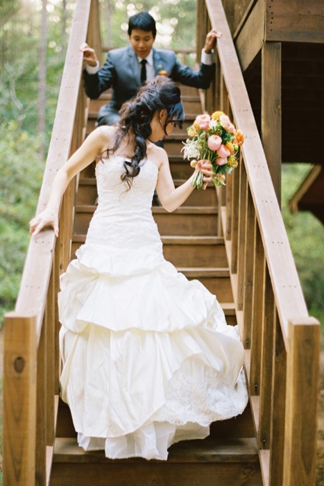 Bride and Groom on Stairs at Retreat in the Pines - Mineola Texas