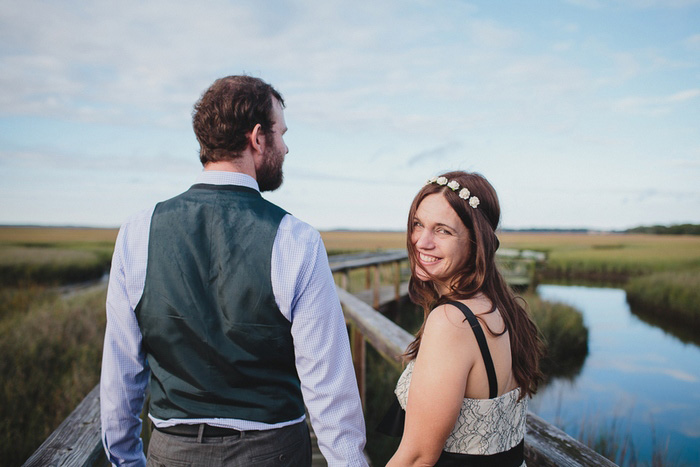 bride and groom on boardwalk