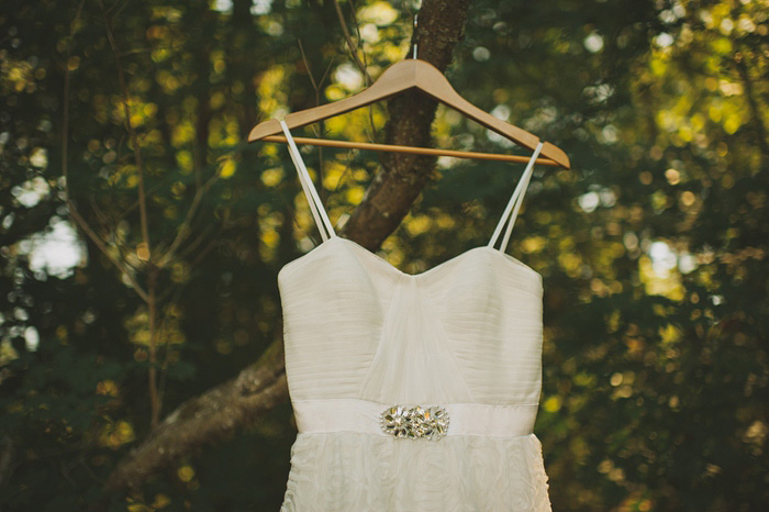 wedding dress hanging on tree