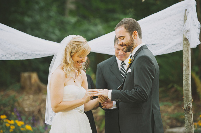 bride putting ring on groom's finger