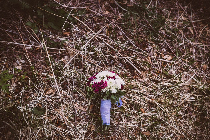 purple ribbon wrapped wedding bouquet