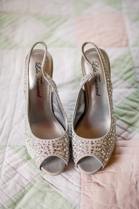 bride's shoes on quilt