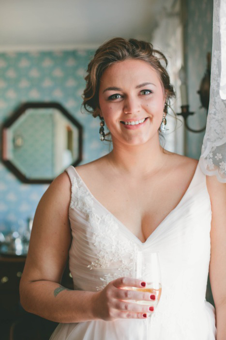 bride in v-neck wedding dress