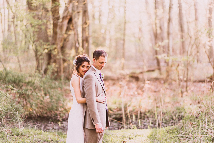 bride and groom woodland portrait