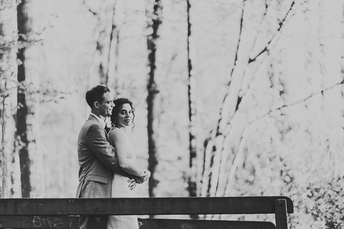 B+W woodland wedding portrait