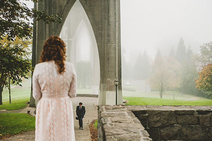 bride waiting for groom in Cathedral park