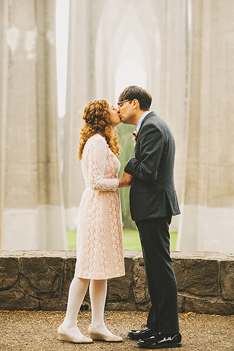 bride and groom first kiss