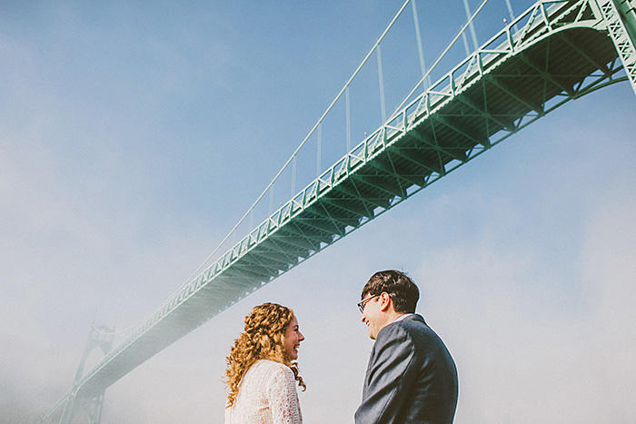 bride and groom underneath bridge