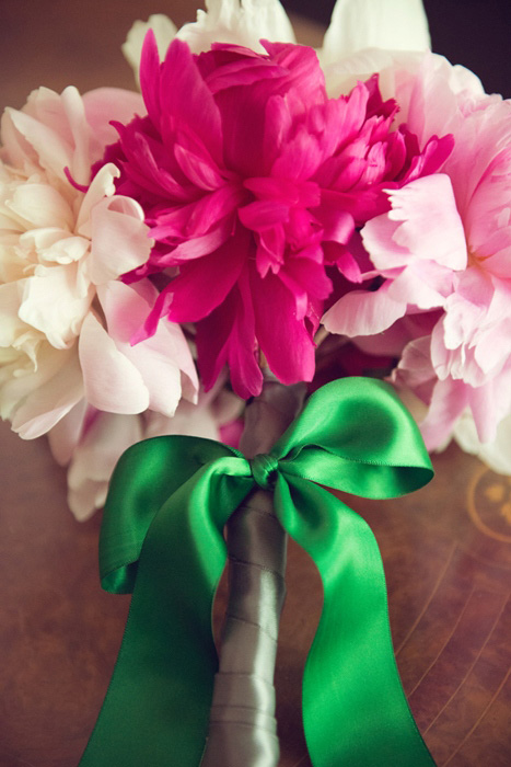 mixed pink peony bouquet with green satin ribbon