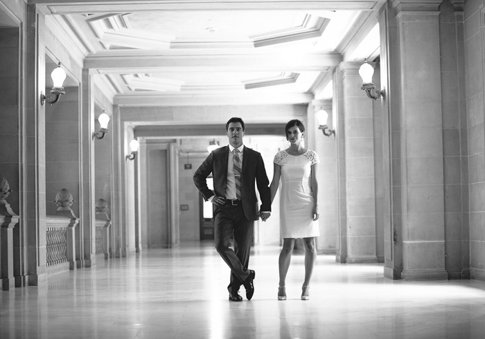 B+W portrait of bride and groom at city hall