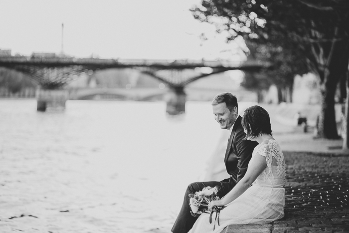 bride and groom by the seine