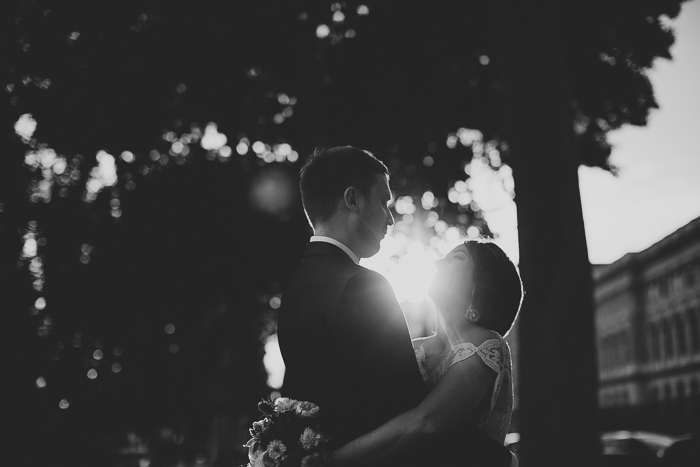 black and wedding portrait at sunset