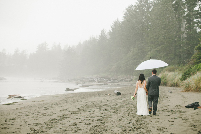 brie and groom walking on the beach under umbrella