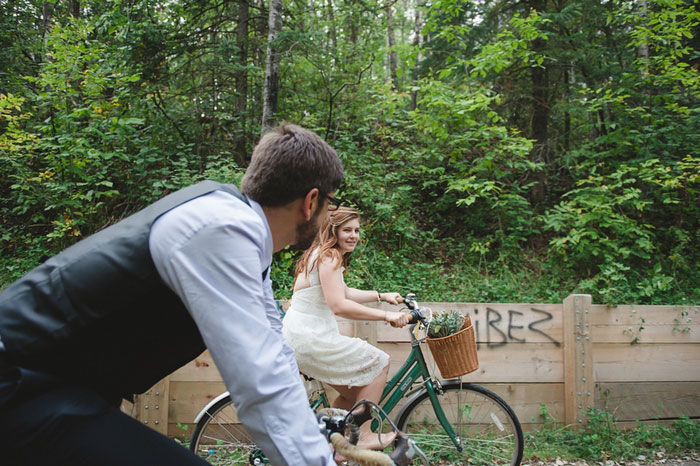 bride and groom cycling