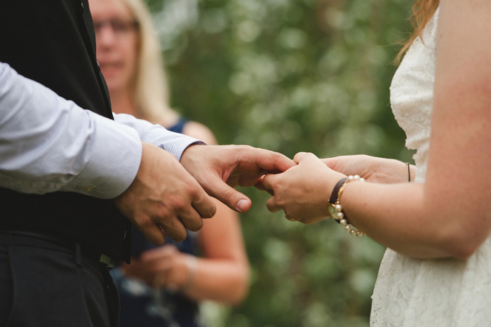 bride putting ring on groom's finger