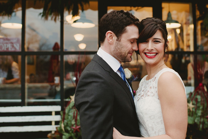 smiling bride and groom