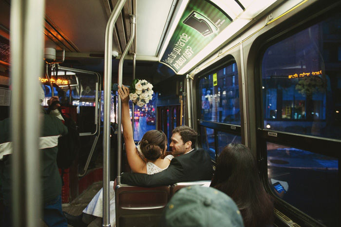 bride and groom on the streetcar