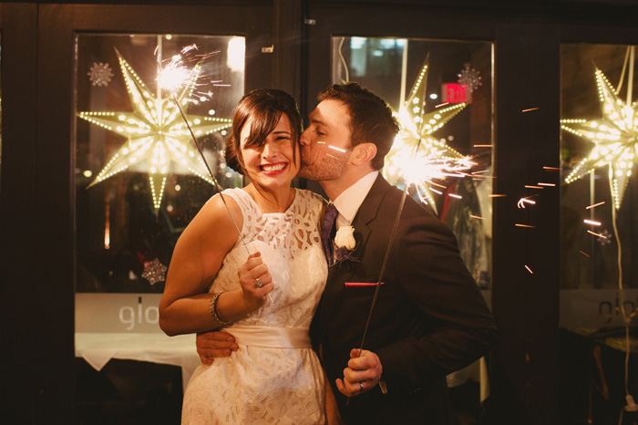 bride and groom with sparklers