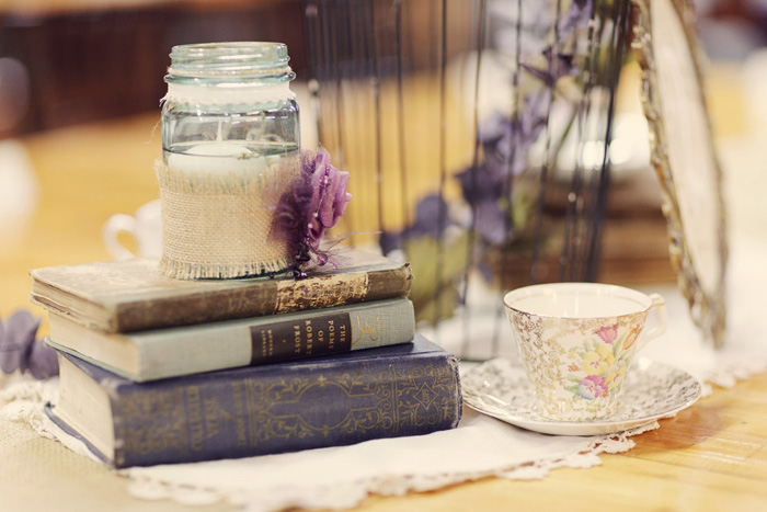 antique books and mason jar centerpiece