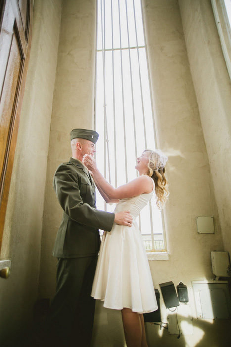 bride and groom laughing