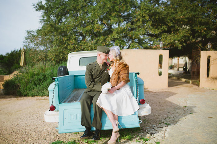 wedding couple in vintage blue pick-up