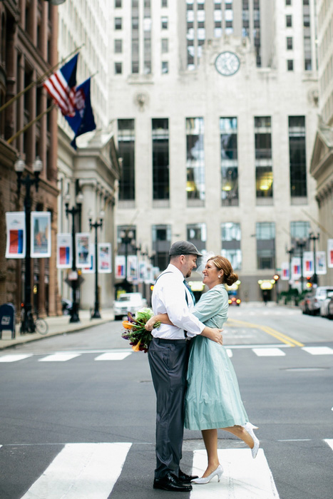 bride and groom in city street