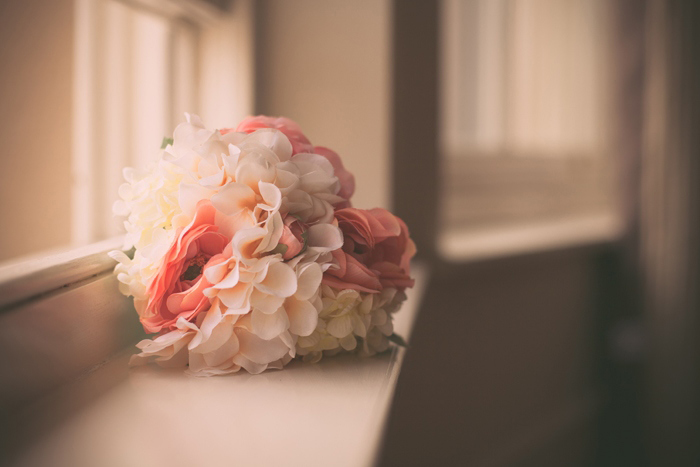coral and white wedding bouquet