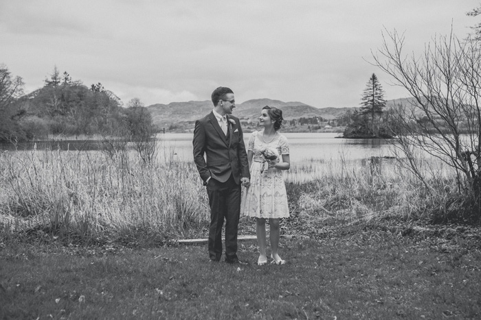 black and white photo of bride and groom