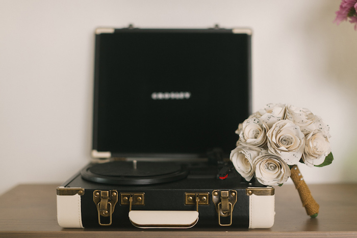 paper flower bouquet on record player