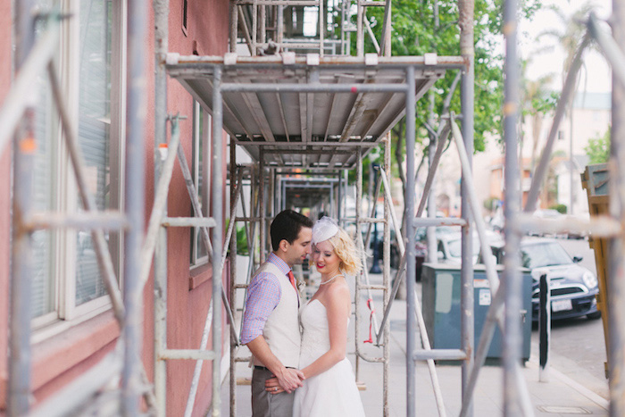 wedding portrait under scaffolding