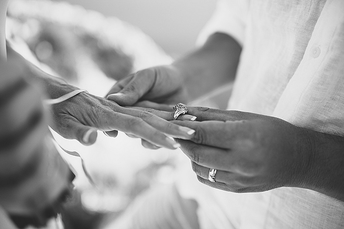 groom putting ring on bride's finger