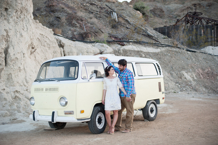 bride and groom portrait with VW bus