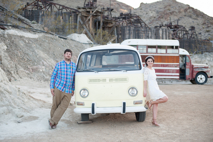 bride and groom portrait with vintage bus