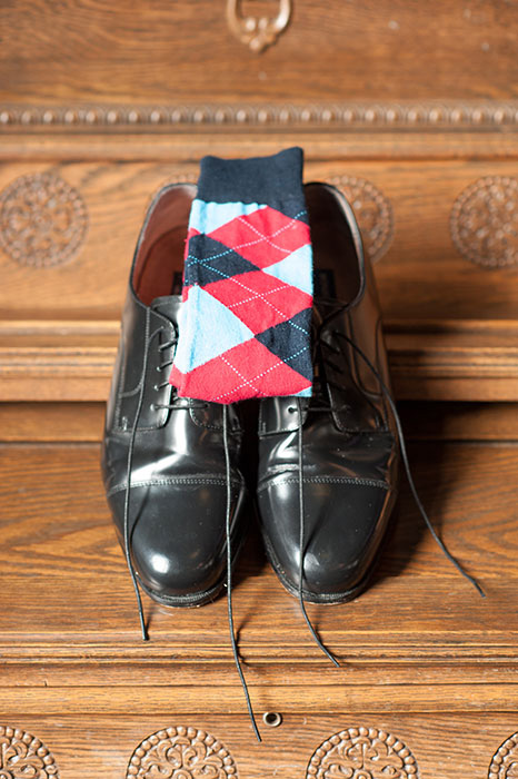 argyle socks and groom's shoes