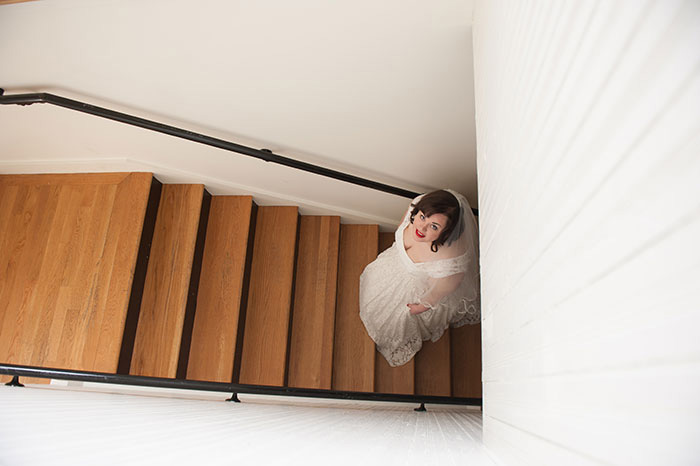 bride on chapel stairs