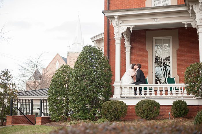 bride and groom on porch