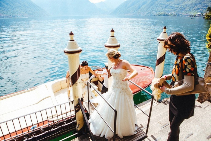 bride at Lake Como boat landing